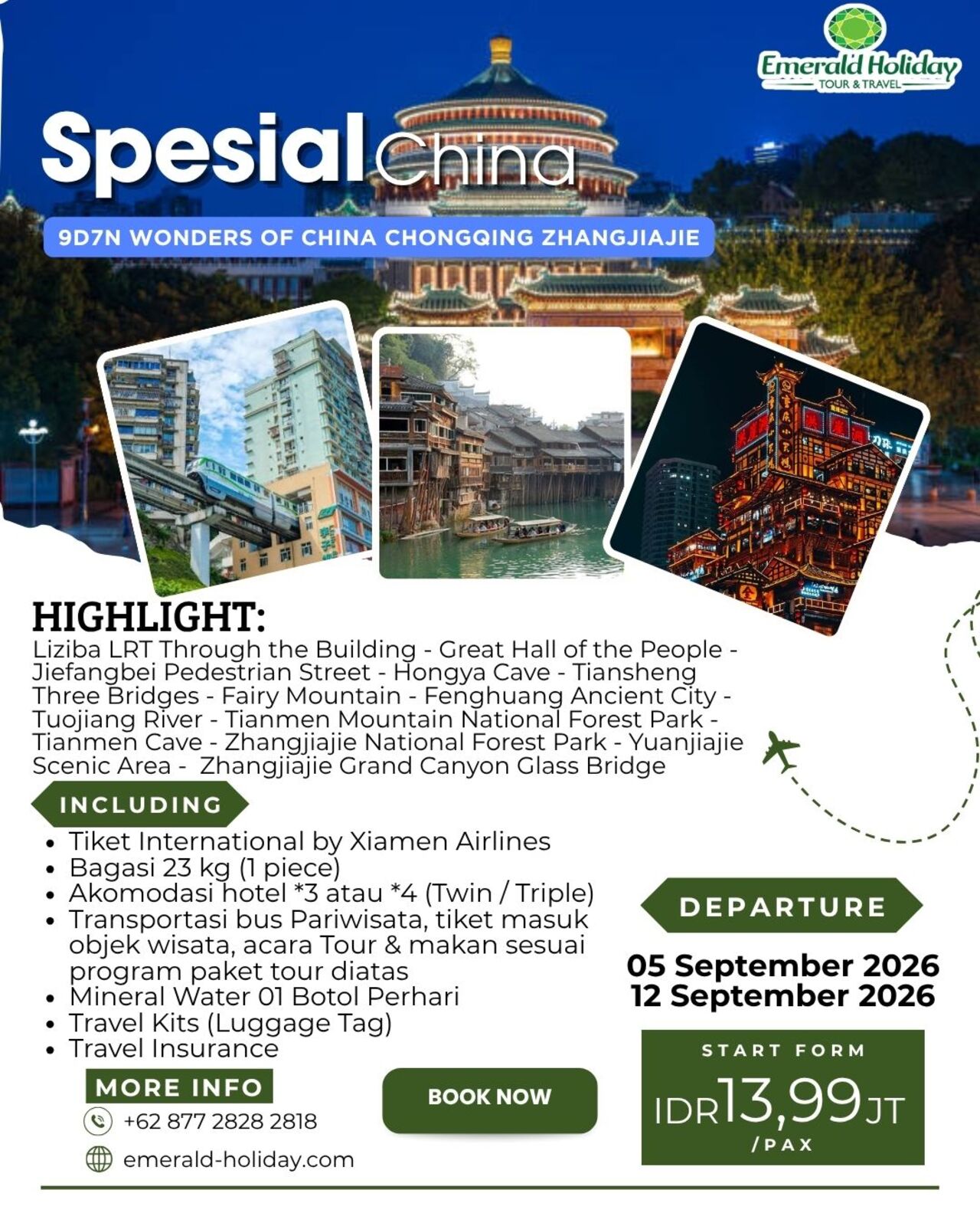9D7N (WONDERS OF CHINA) CHONGQING ZHANGJIAJIE 5 - 12 SEPT 26